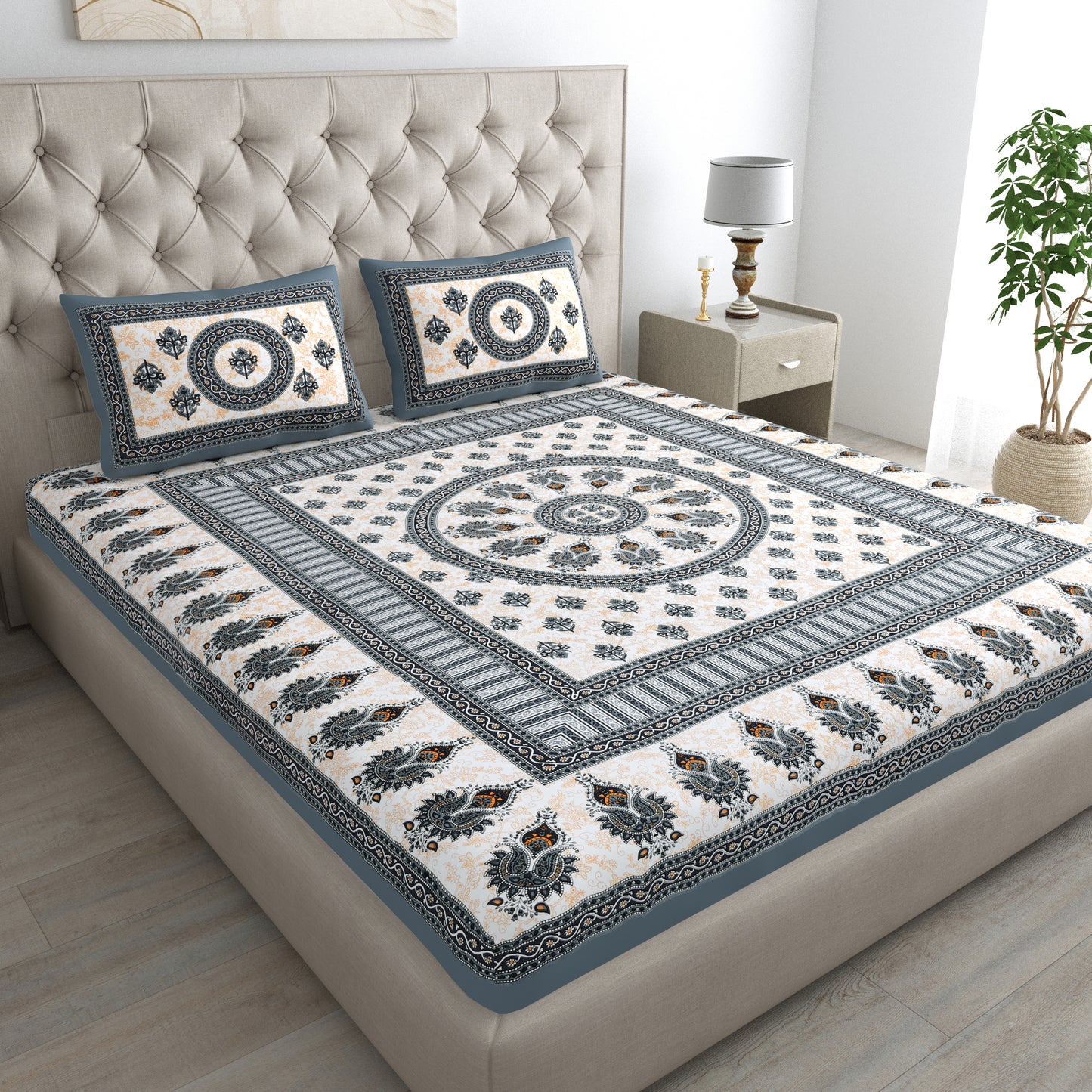 Handloom Buta Bedsheet 100% Cotton Queen Size Bedsheet With 2 Pillow Cover Set