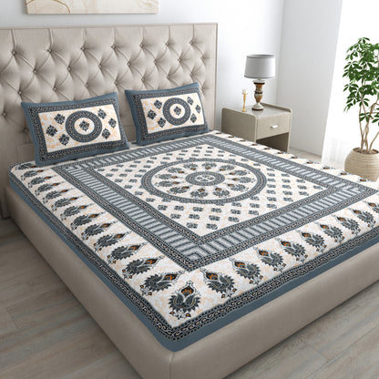 Handloom Buta Bedsheet 100% Cotton Queen Size Bedsheet With 2 Pillow Cover Set