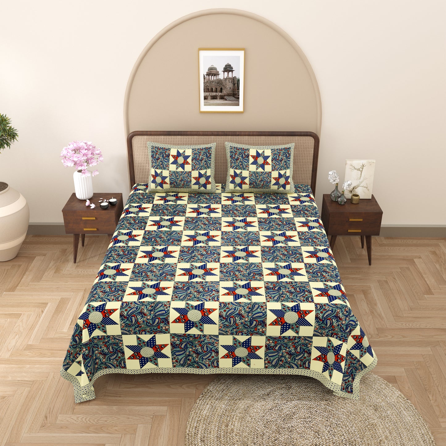 New Ajrak  Print 100% Cotton King Size Bedsheet with 2 Pillow Cover Set