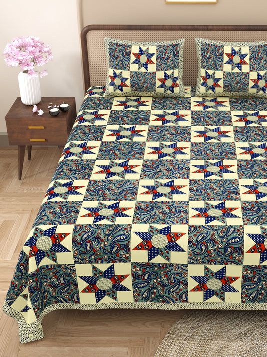 New Ajrak  Print 100% Cotton King Size Bedsheet with 2 Pillow Cover Set