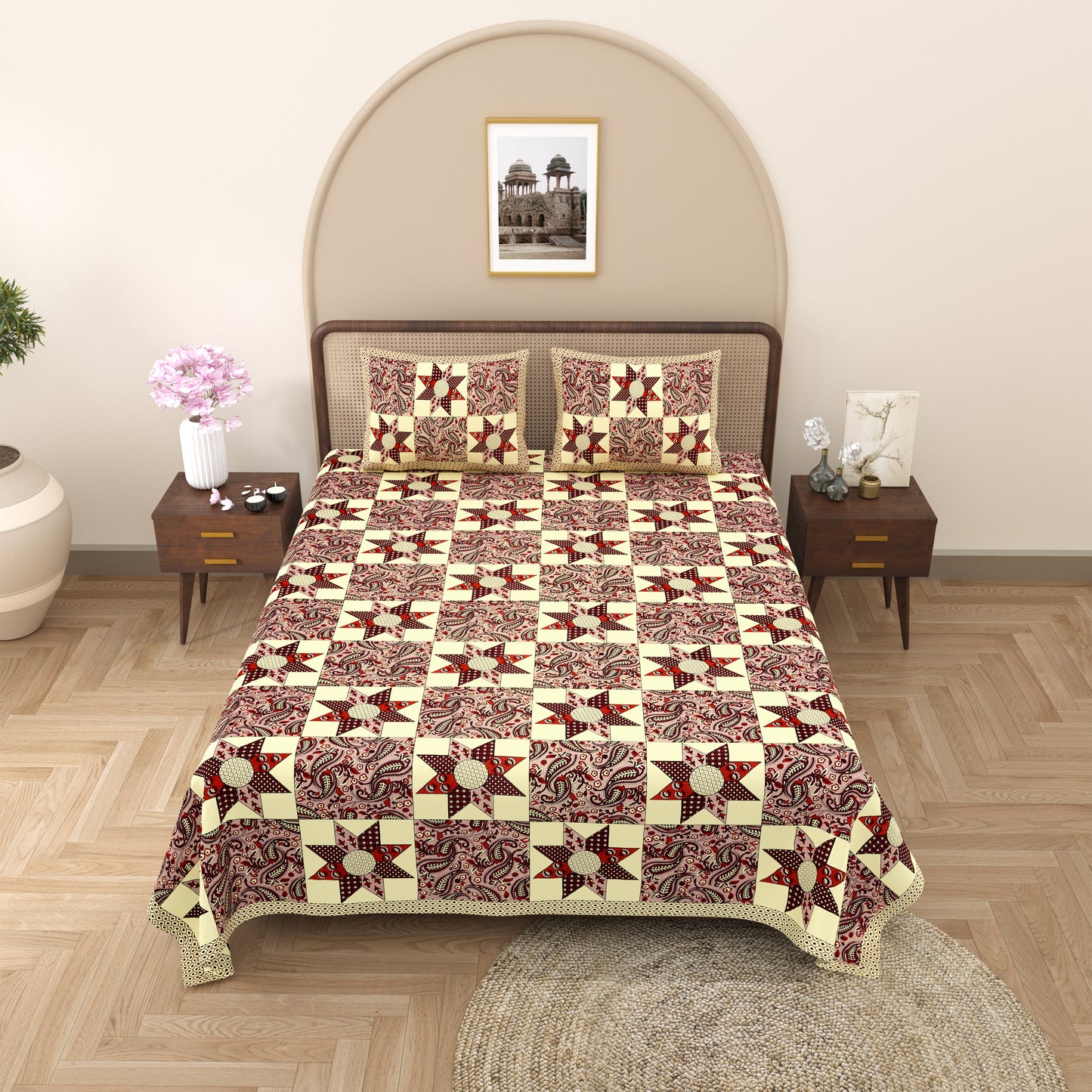New Ajrak  Print 100% Cotton King Size Bedsheet with 2 Pillow Cover Set