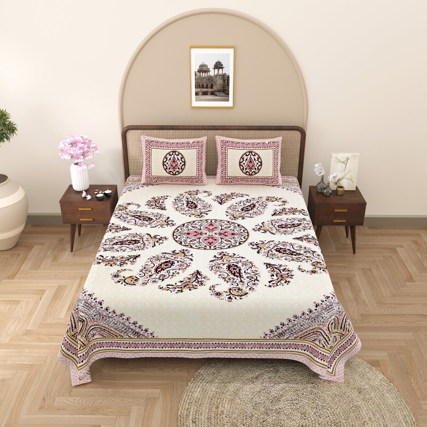 Royal Rajwada Print 100% Cotton King Size Bedsheet with 2 Pillow Cover Set