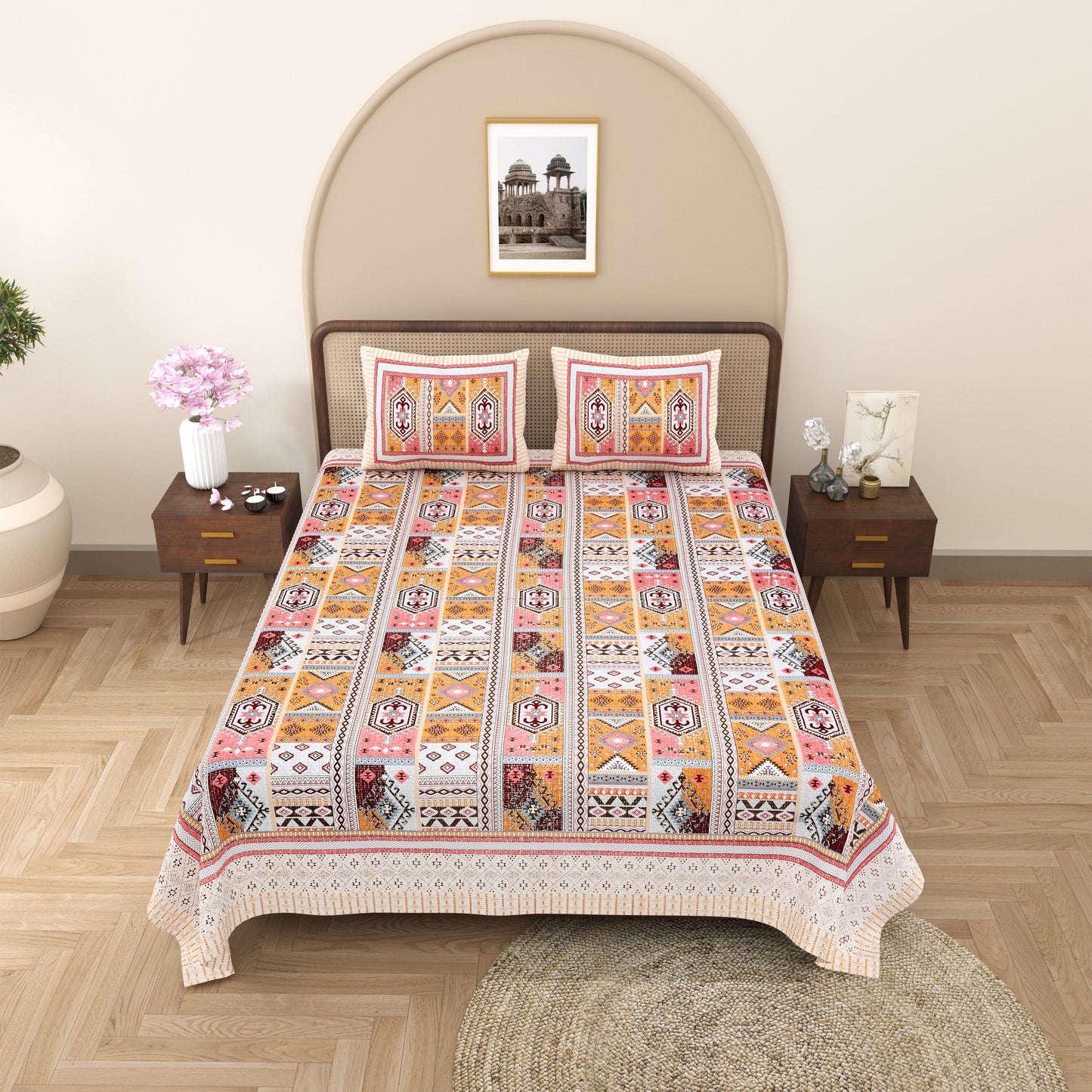 100% Cotton King Size Bedsheet with 2 Pillow Cover Set