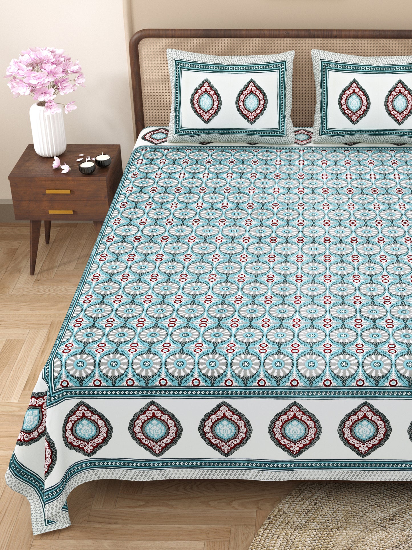 100% Cotton King Size Bedsheet with 2 Pillow Cover Set