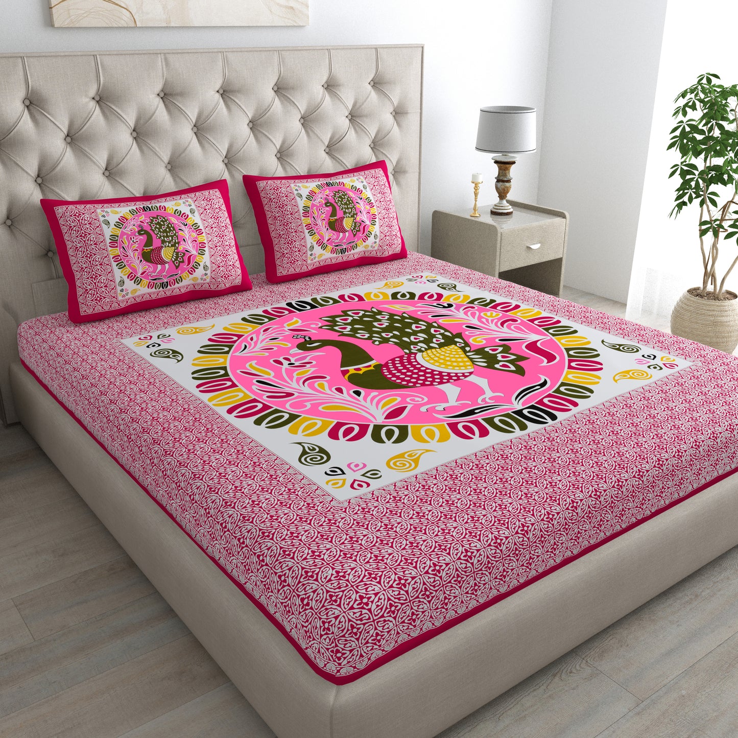 New Peacock Mandela Bedsheet 100% Cotton Queen Size Bedsheet With 2 Pillow Cover Set