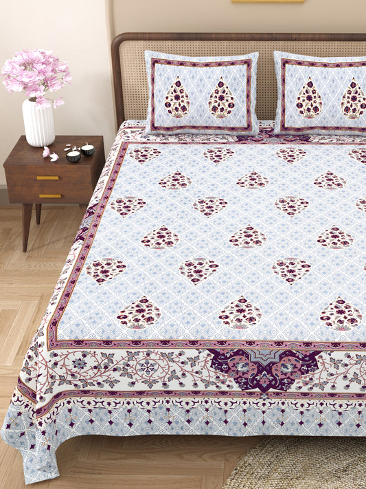 Royal Sanganeri Block Print 100% Cotton King Size Bedsheet with 2 Pillow Cover Set