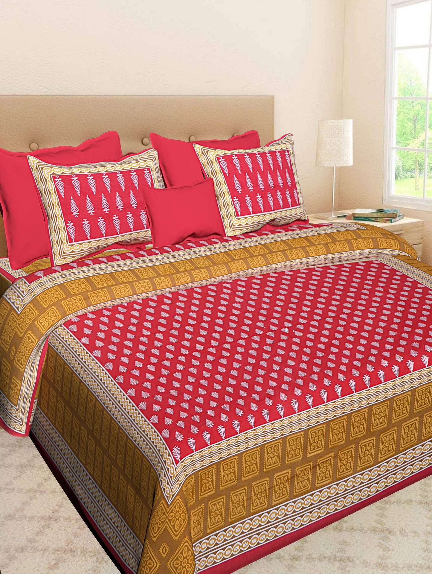 Jaipuri 100% Cotton Double Size Bedsheet with 2 Pillow Covers ( Red , 280 TC ) JAIPUR PRINTS