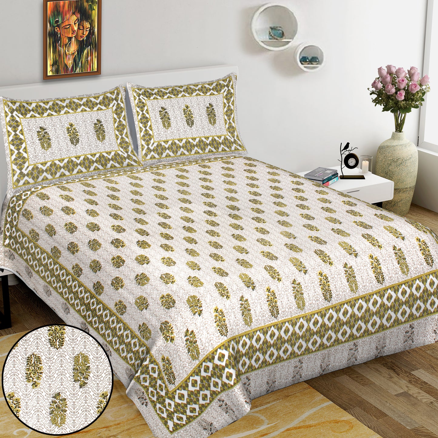 Jaipuri Bedsheet 100% Cotton Rajasthani Traditional Super King Size  Bedsheet with 2 Pillow Cover 100*108 Alllemo