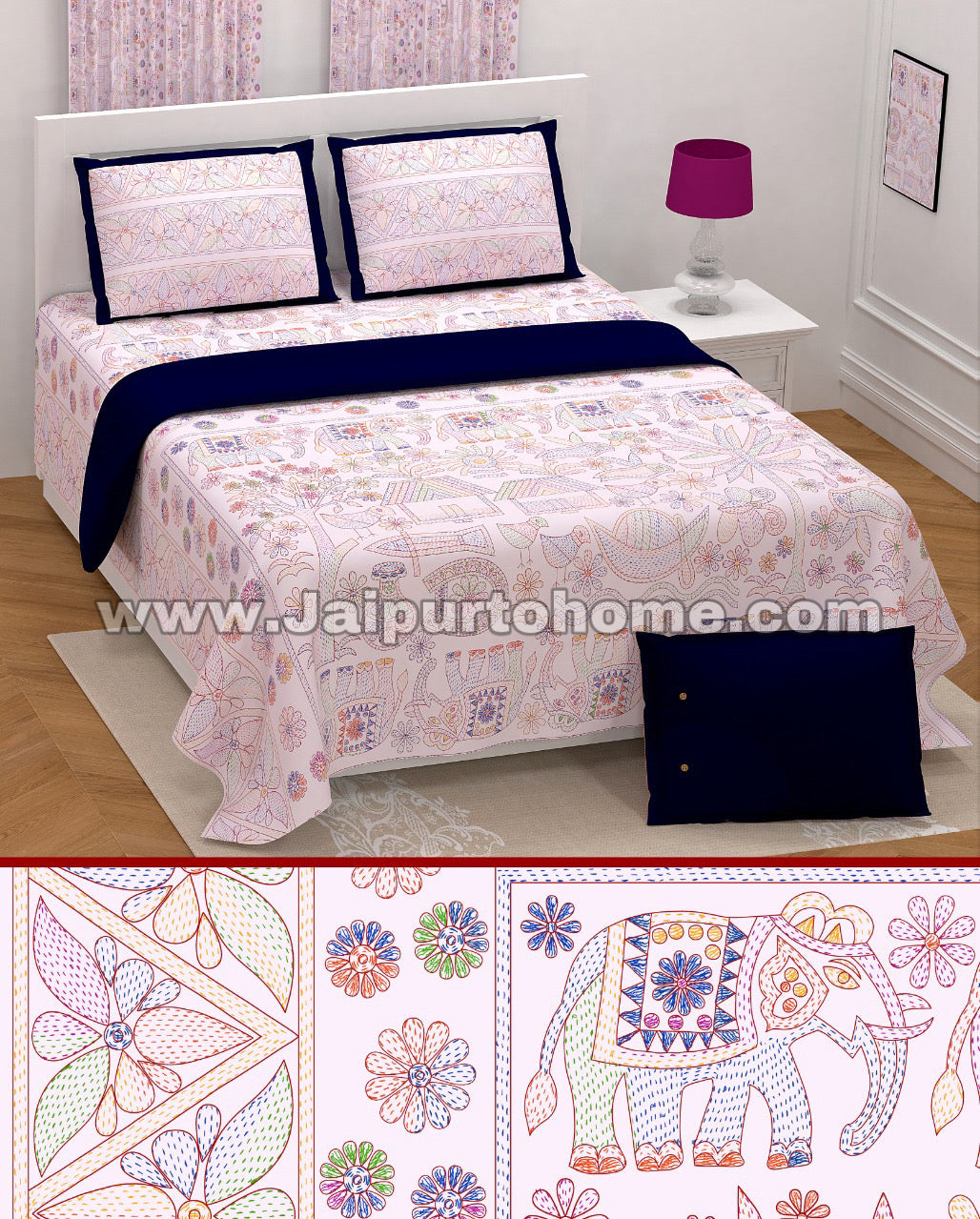 Alllemo Brand Bedsheet 108 x 108 100% Cotton Traditional Jaipuri Print 1 King Bedsheet with 2 Pillow Covers Alllemo Kurta
