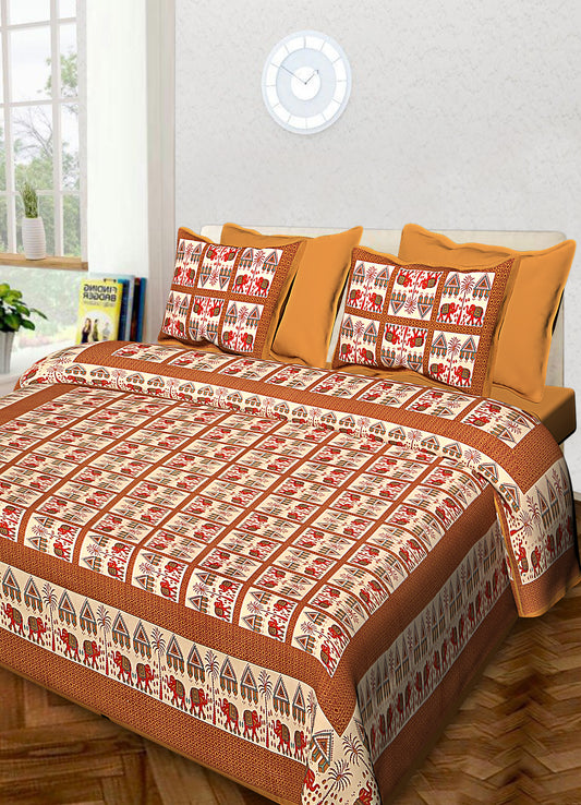 Brawn 100% Cotton 1 Rajasthani Traditional King Bedsheet with 2 Pillow Cover JAIPUR PRINTS