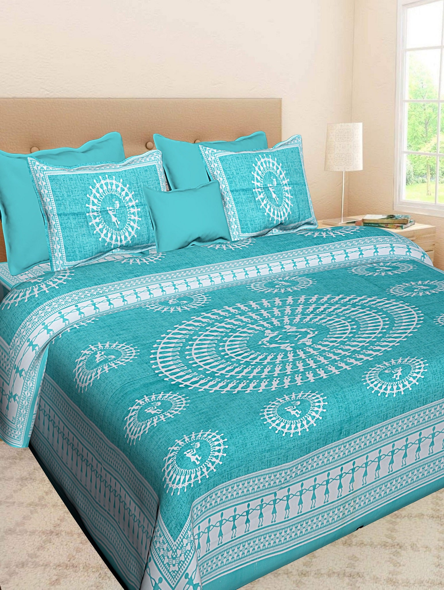 Jaipuri 100% Cotton Double Size Bedsheet with 2 Pillow Covers ( Sky Blue , 280 TC ) JAIPUR PRINTS