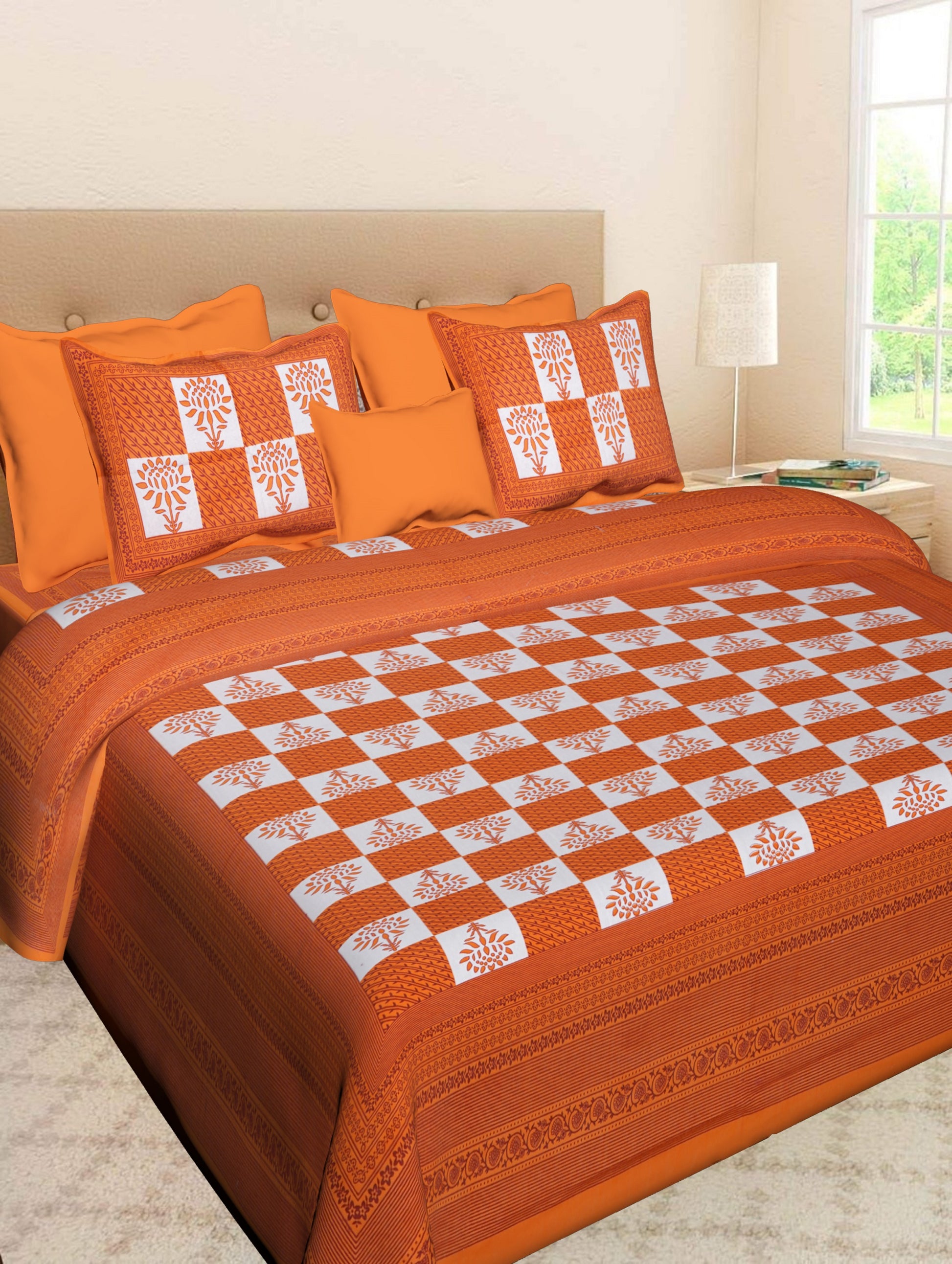 Jaipuri 100% Cotton Double Size Bedsheet with 2 Pillow Covers ( Orange , 280 TC ) JAIPUR PRINTS