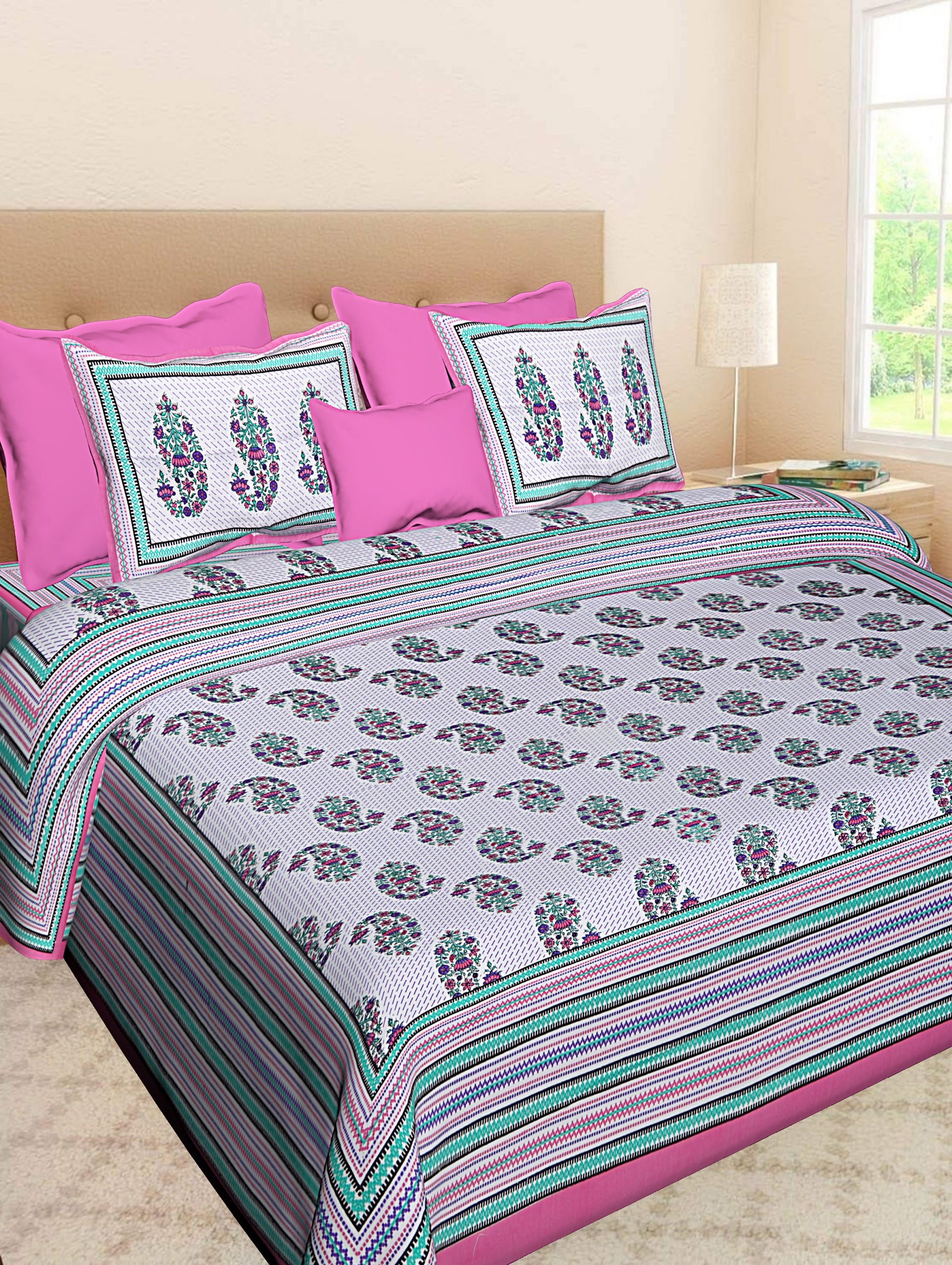 Jaipuri 100% Cotton Double Size Bedsheet with 2 Pillow Covers ( Pink , 280 TC ) JAIPUR PRINTS