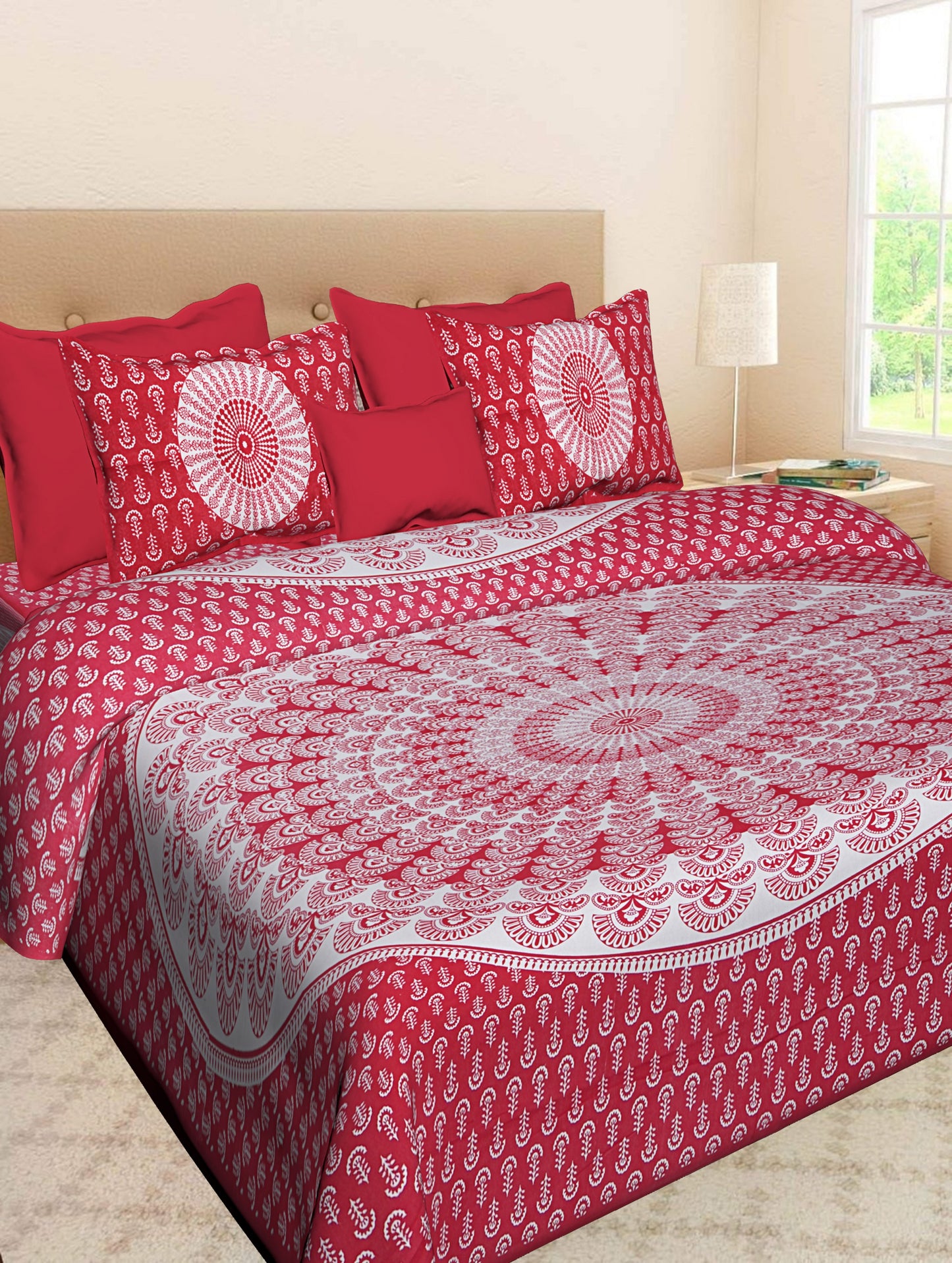Jaipuri 100% Cotton Double Size Bedsheet ( Red , 280 TC) www.jaipurtohome.com