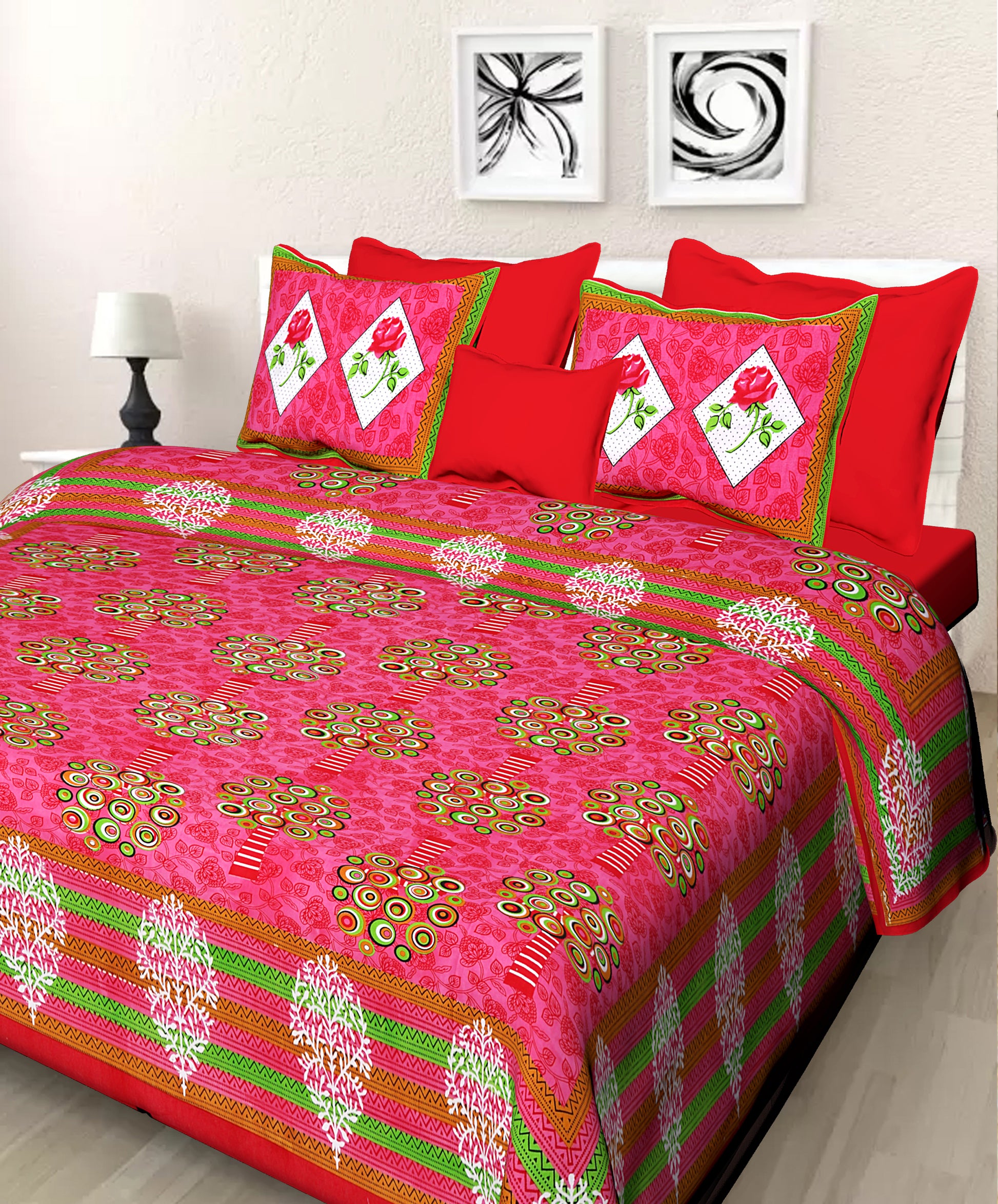 Jaipuri 100% Cotton Double Size Bedsheet with 2 Pillow Covers ( Red , 280 TC ) JAIPUR PRINTS