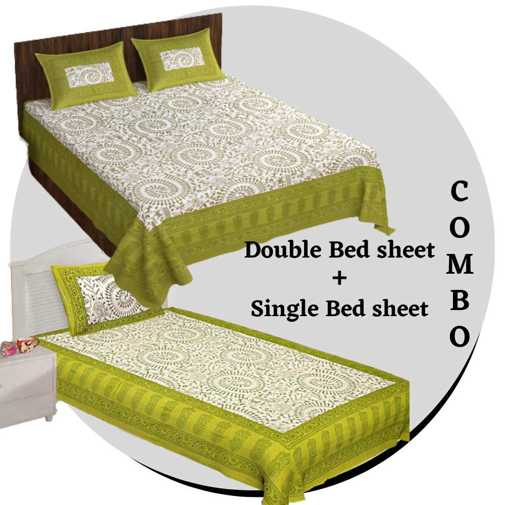 100% Cotton Bedsheet 280 -TC Cotton Double & Single Size Bedsheet Combo Pack With 3 Pillow Cover - www.jaipurtohome.com