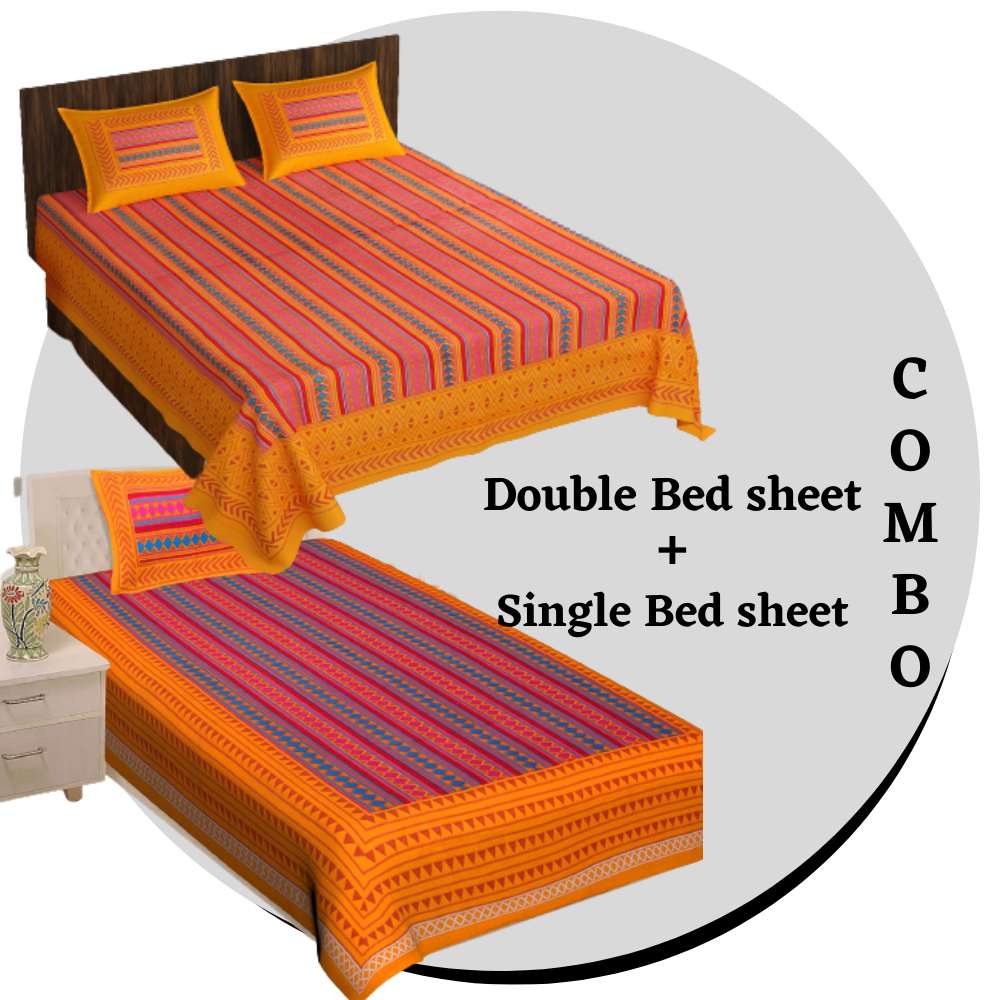 100% Cotton Bedsheet 280 -TC Cotton Double & Single Size Bedsheet Combo Pack With 3 Pillow Cover - www.jaipurtohome.com