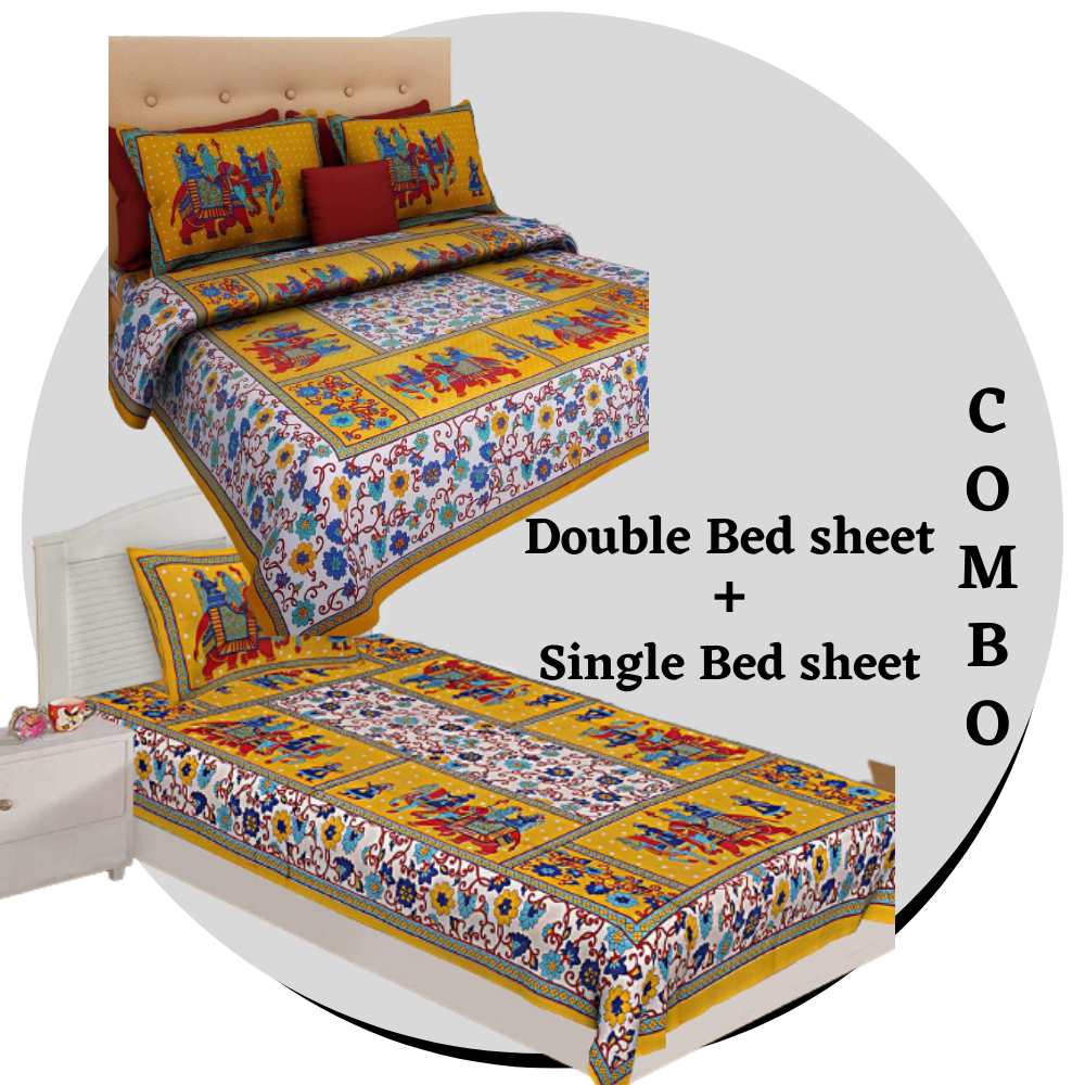 100% Cotton Bedsheet 280 -TC Cotton Double & Single Size Bedsheet Combo Pack With 3 Pillow Cover - www.jaipurtohome.com