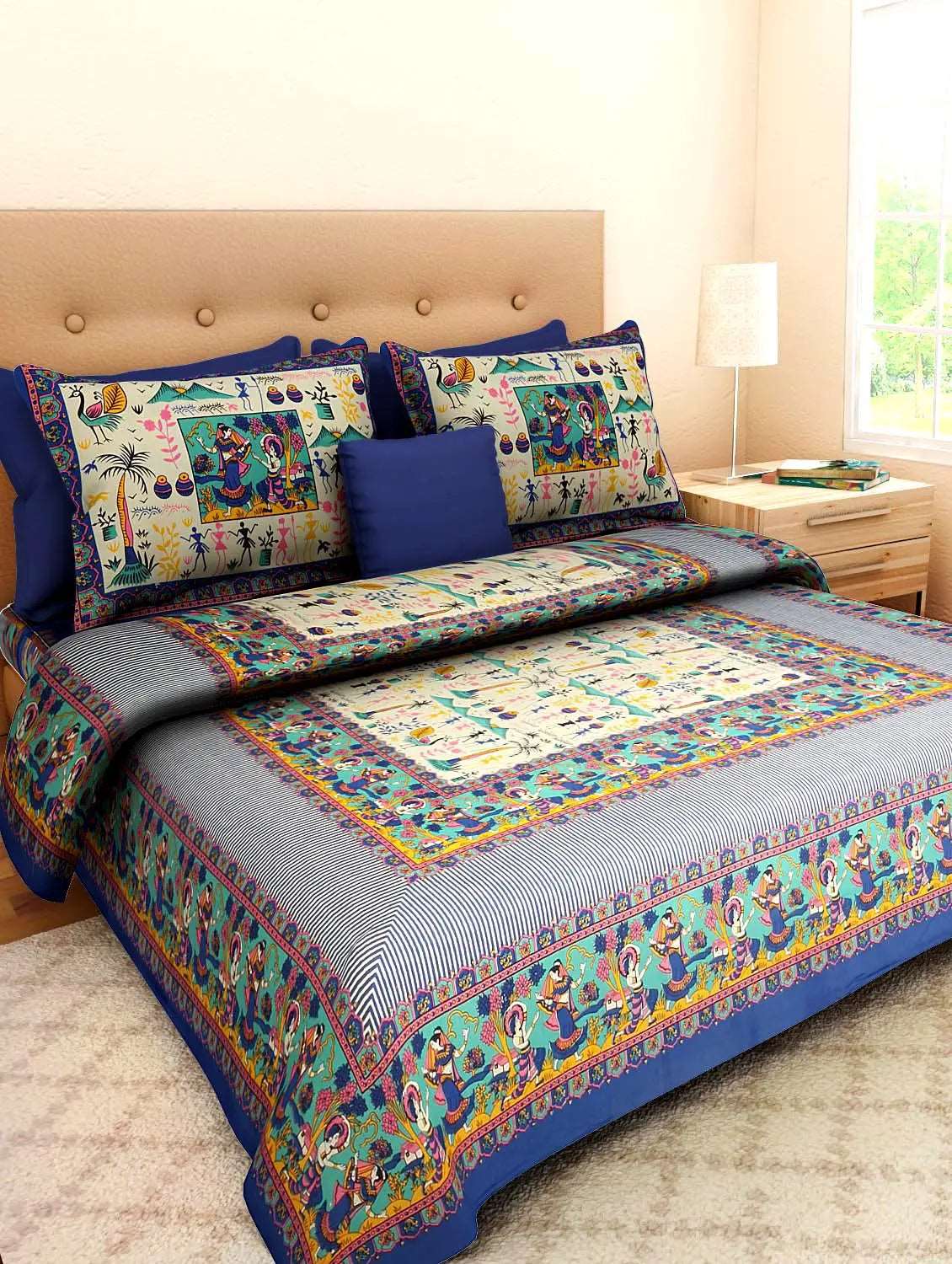 100% Cotton Rajasthani Jaipuri Traditional King Size  Double Bed Bedsheet with 2 Pillow Covers - Multi www.jaipurtohome.com