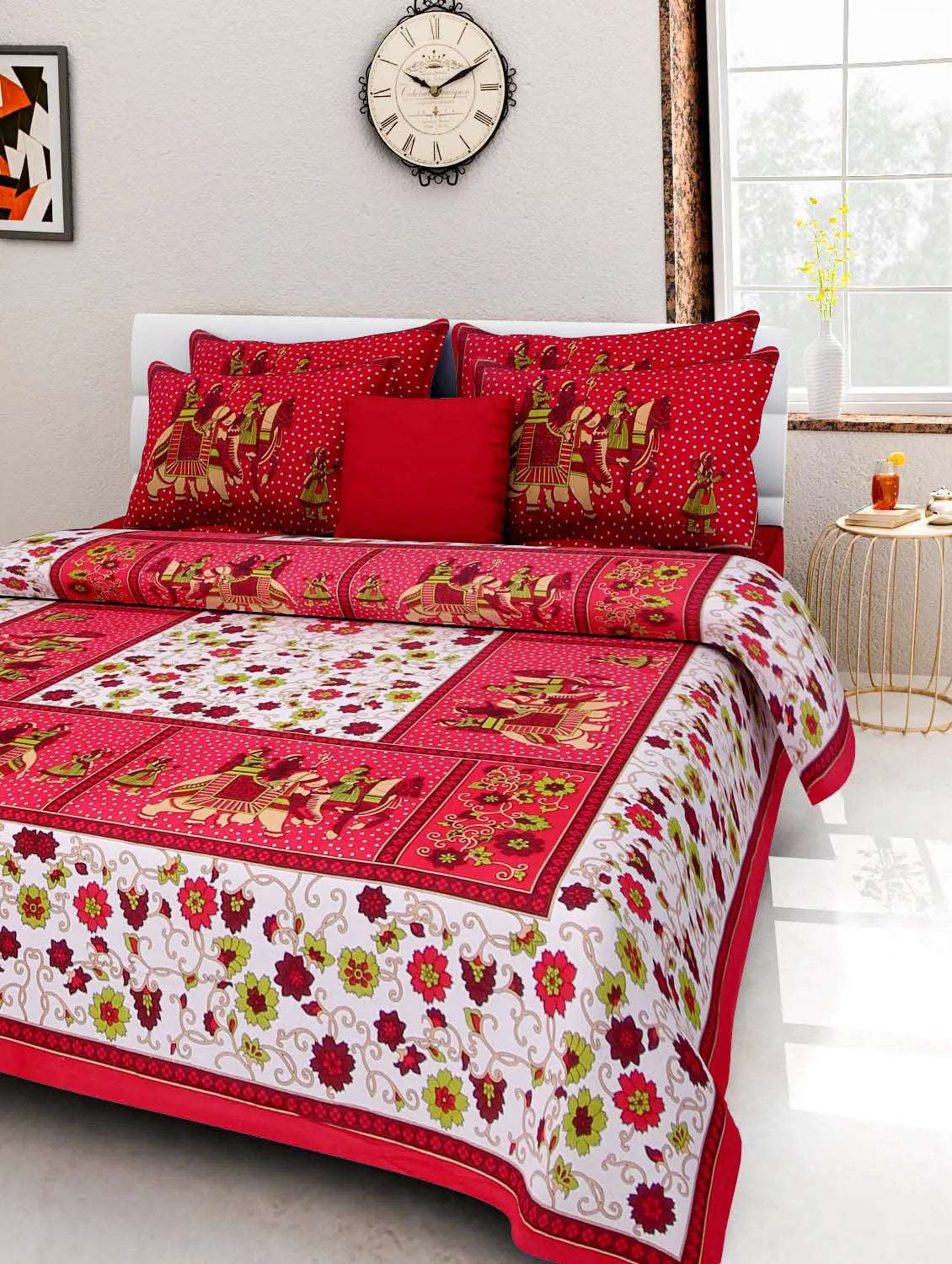 100% Cotton Rajasthani Jaipuri Traditional King Size Double Bed Bedsheet with 2 Pillow Covers - Multi www.jaipurtohome.com