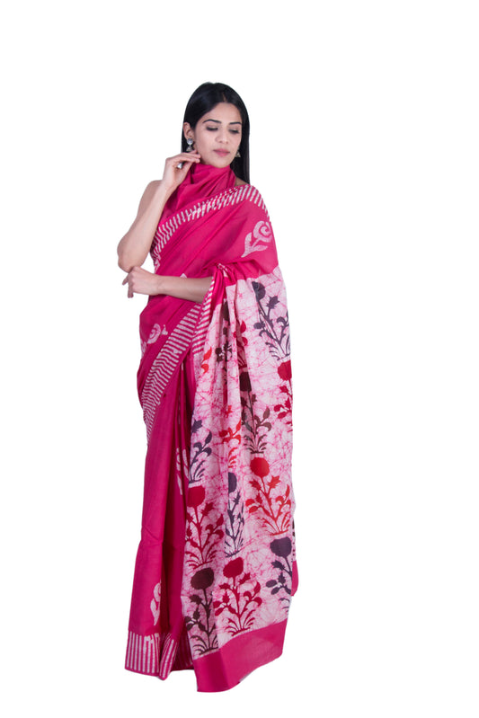 Aumara Handicrafts Women's Ikat Hand Block Print Jaipuri Cotton Mulmul Saree with Blouse freeshipping - www.jaipurtohome.com