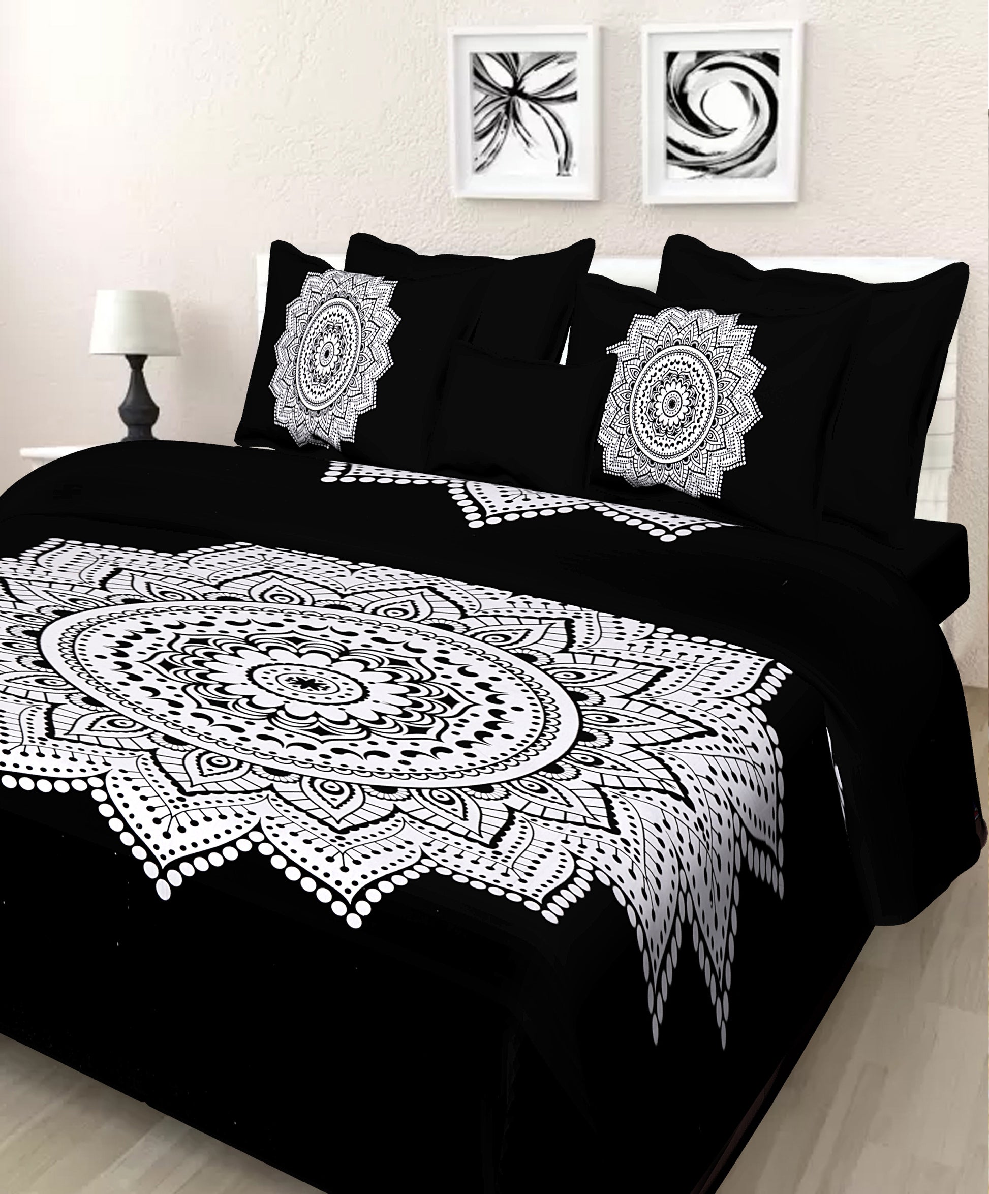 Jaipuri 100% Cotton Double Size Bedsheet with 2 Pillow Covers ( Black , 280 TC ) JAIPUR PRINTS