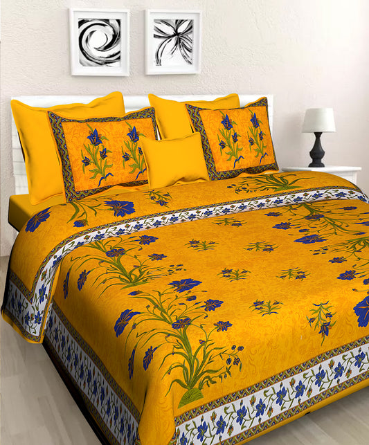 Jaipuri 100 % Cotton Double Size Bedsheet ( Yellow 280 TC ) JAIPUR PRINTS