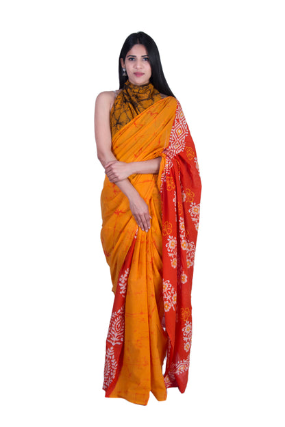 Aumara Handicrafts Women's Ikat Hand Block Print Jaipuri Cotton Mulmul Saree with Blouse freeshipping - www.jaipurtohome.com