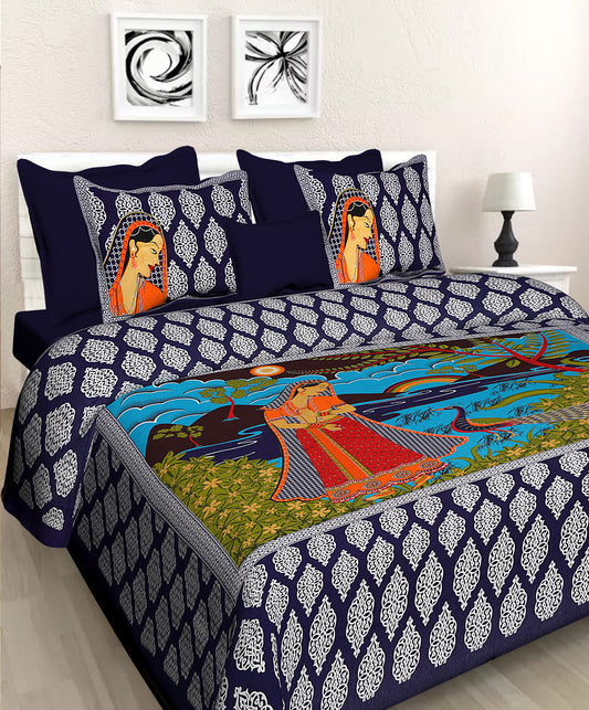 Jaipuri 100% Cotton Double Size Bedsheet ( Blue , 280 TC ) www.jaipurtohome.com