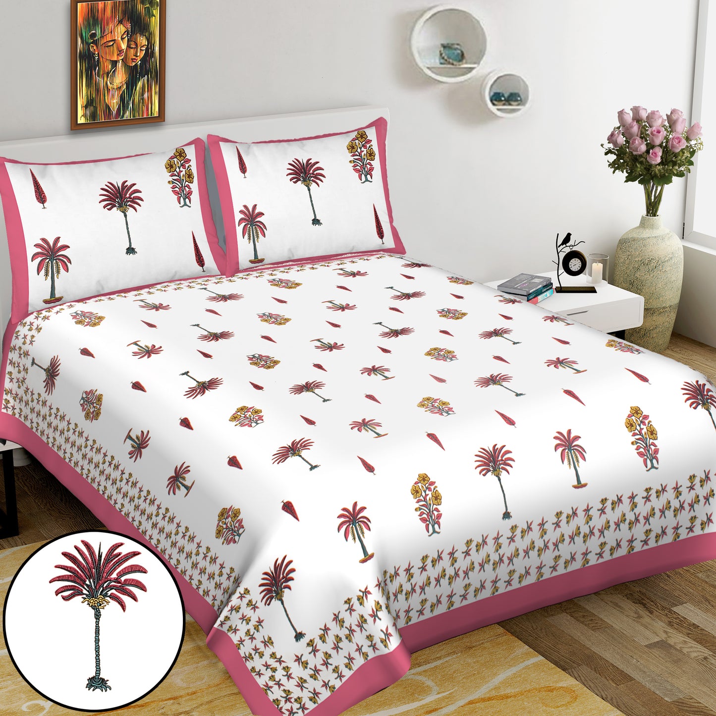 Jaipuri Bedsheet 100% Cotton Rajasthani Traditional Super King Size  Bedsheet with 2 Pillow Cover 100*108