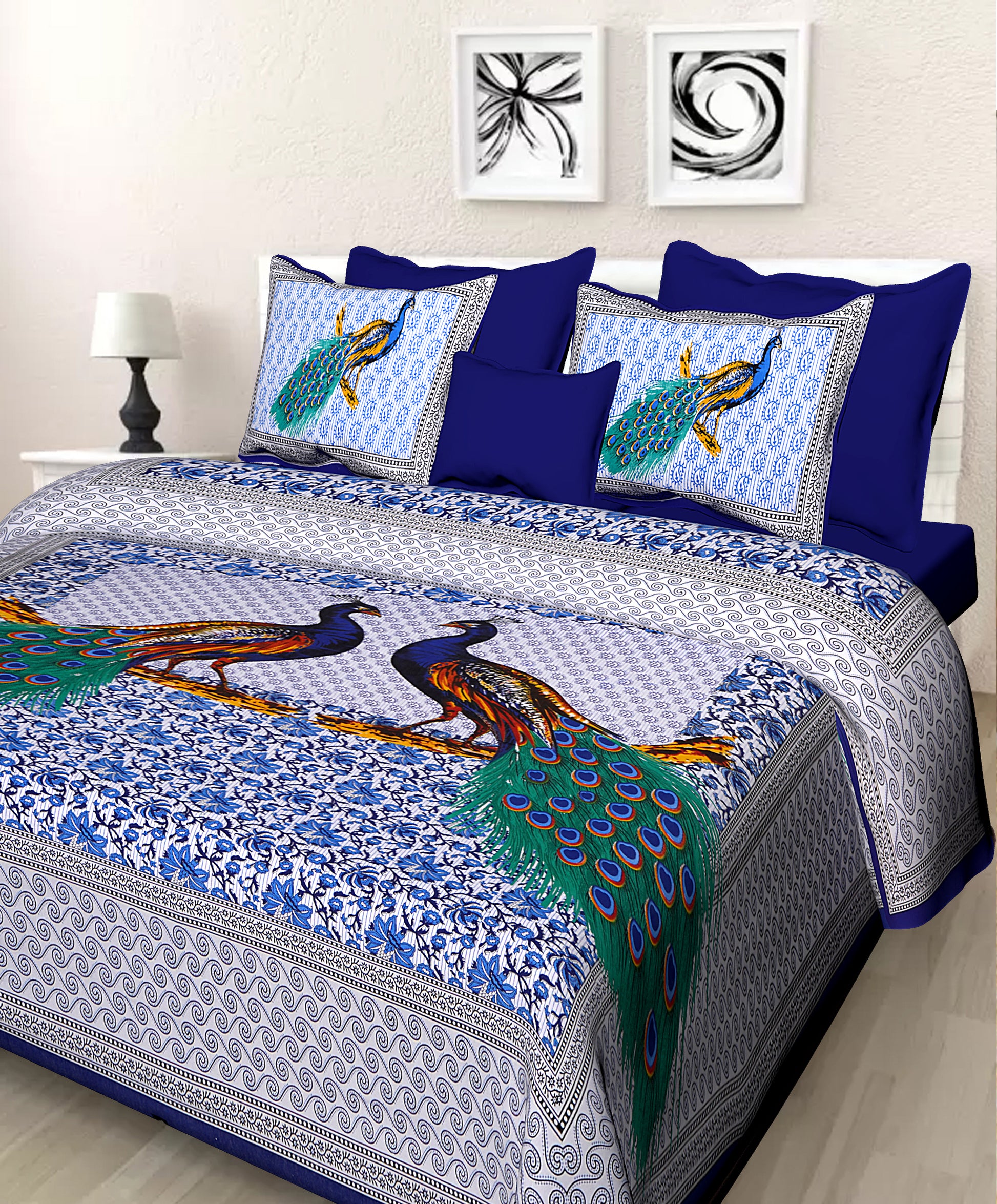 Jaipuri 100% Cotton Peacock Print Double Size Bedsheet ( 280 TC ) www.jaipurtohome.com