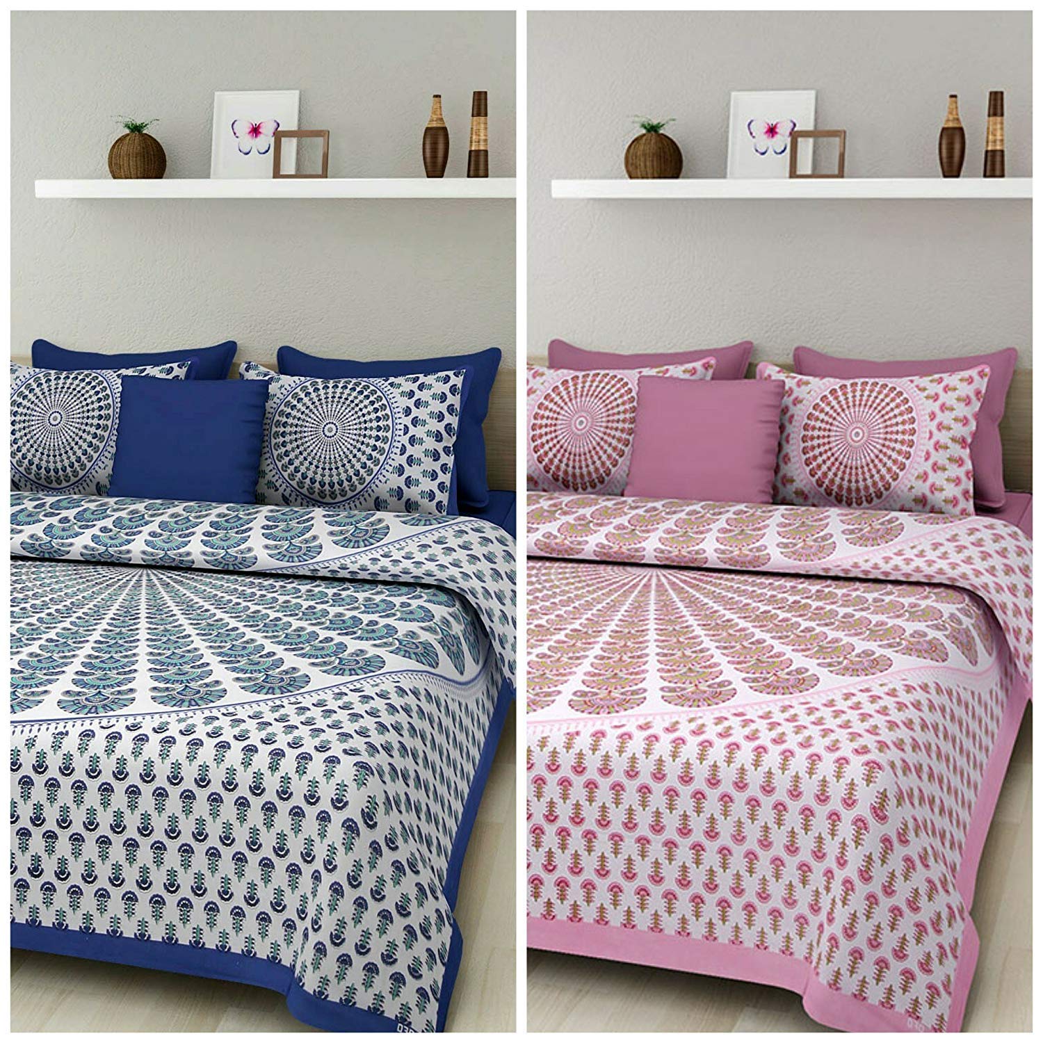 Jaipur Prints 100 % Cotton Jaipuri Rajasthani Double 2 Bedsheet Combo with 4 Pillow Cover JAIPUR PRINTS