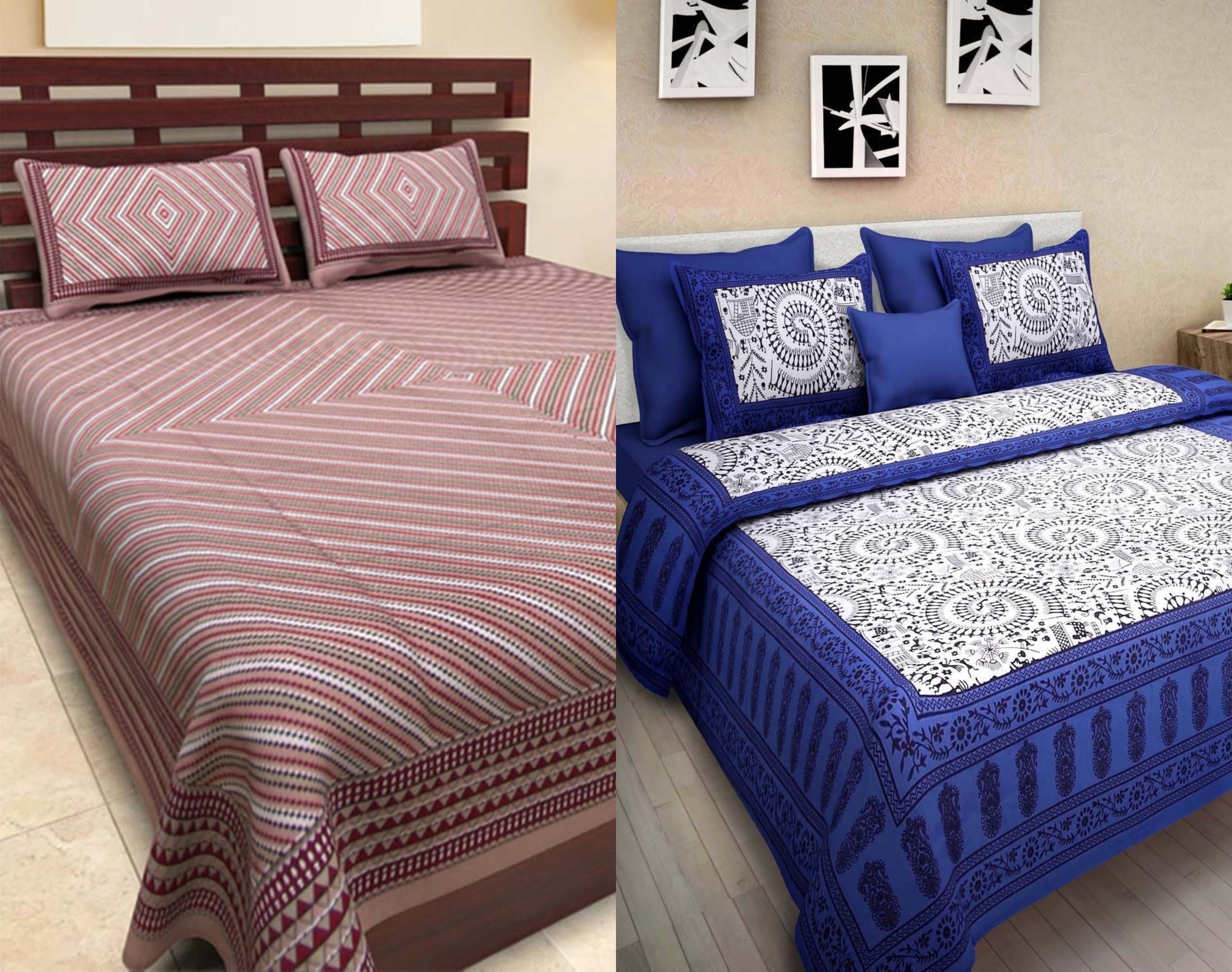 Jaipuri Printed 100% Cotton Bedsheet 240 -TC Cotton King Size 2 Bedsheet With 4 Pillow Cover - Bedsheet Combo Pack freeshipping - www.jaipurtohome.com