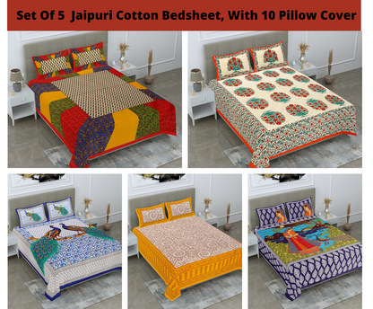 Cotton Bedsheet 180 -TC Cotton Double Size Bedsheet, 5 set Combo Pack With 10 Pillow Cover - www.jaipurtohome.com