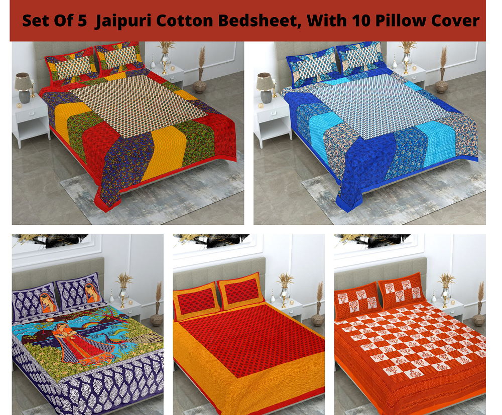 Cotton Bedsheet 180 -TC Cotton Double Size Bedsheet, 5 set Combo Pack With 10 Pillow Cover - www.jaipurtohome.com