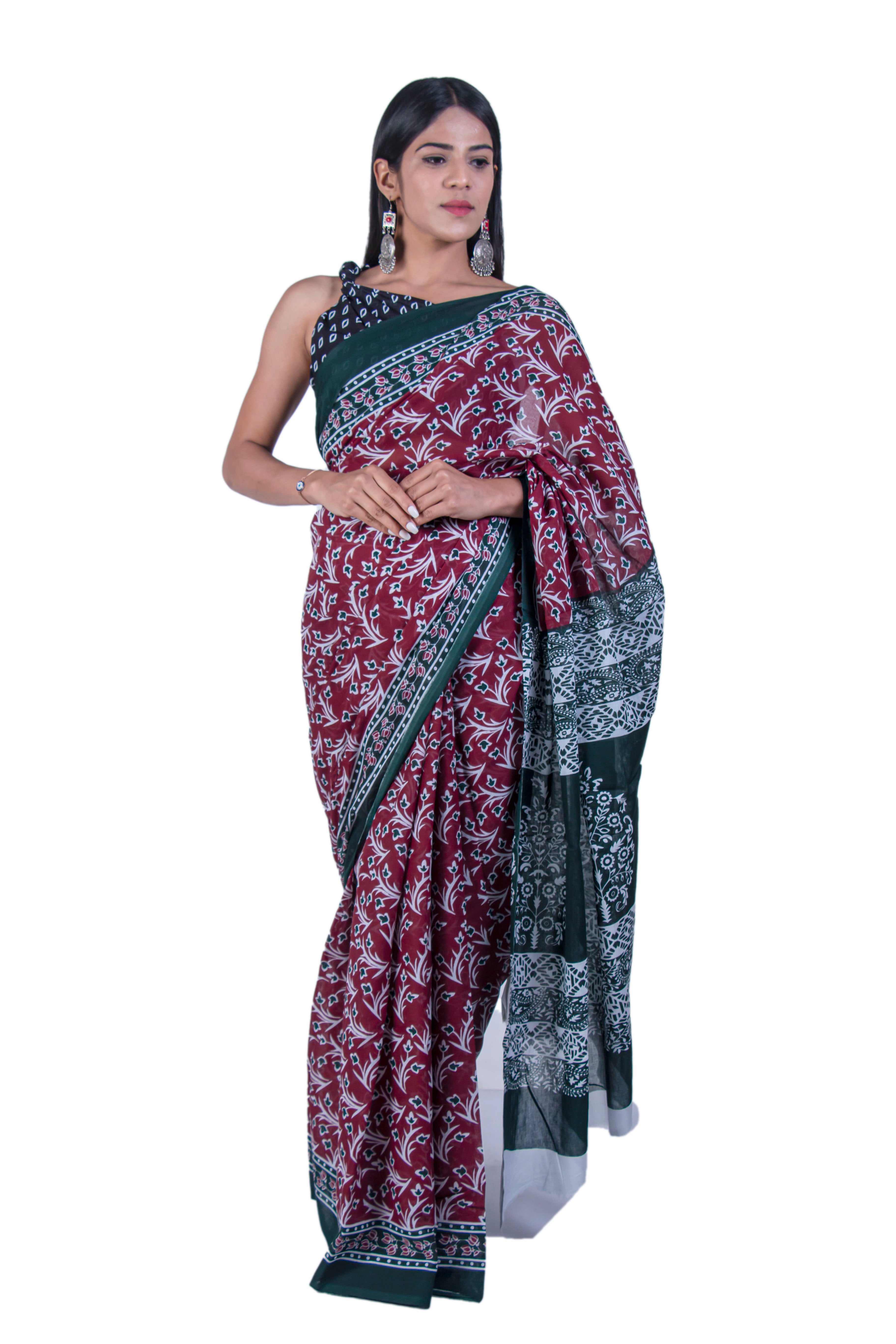 Amazon.com: IMTRA FASHION Indian Hand Printed Cotton Sari Jaipuri Saree  with Unstitched Blouse : Clothing, Shoes & Jewelry