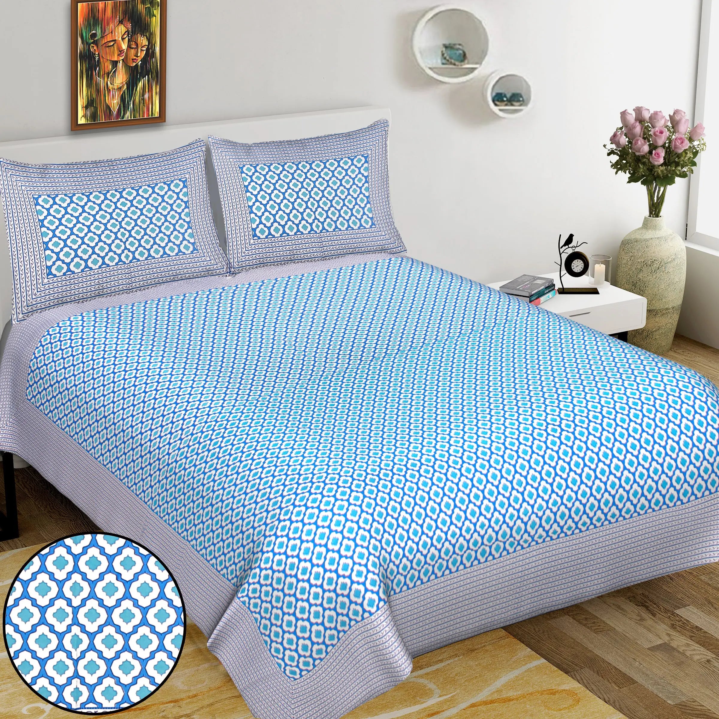 Pure cotton double bedsheet with pillow cover hotsell