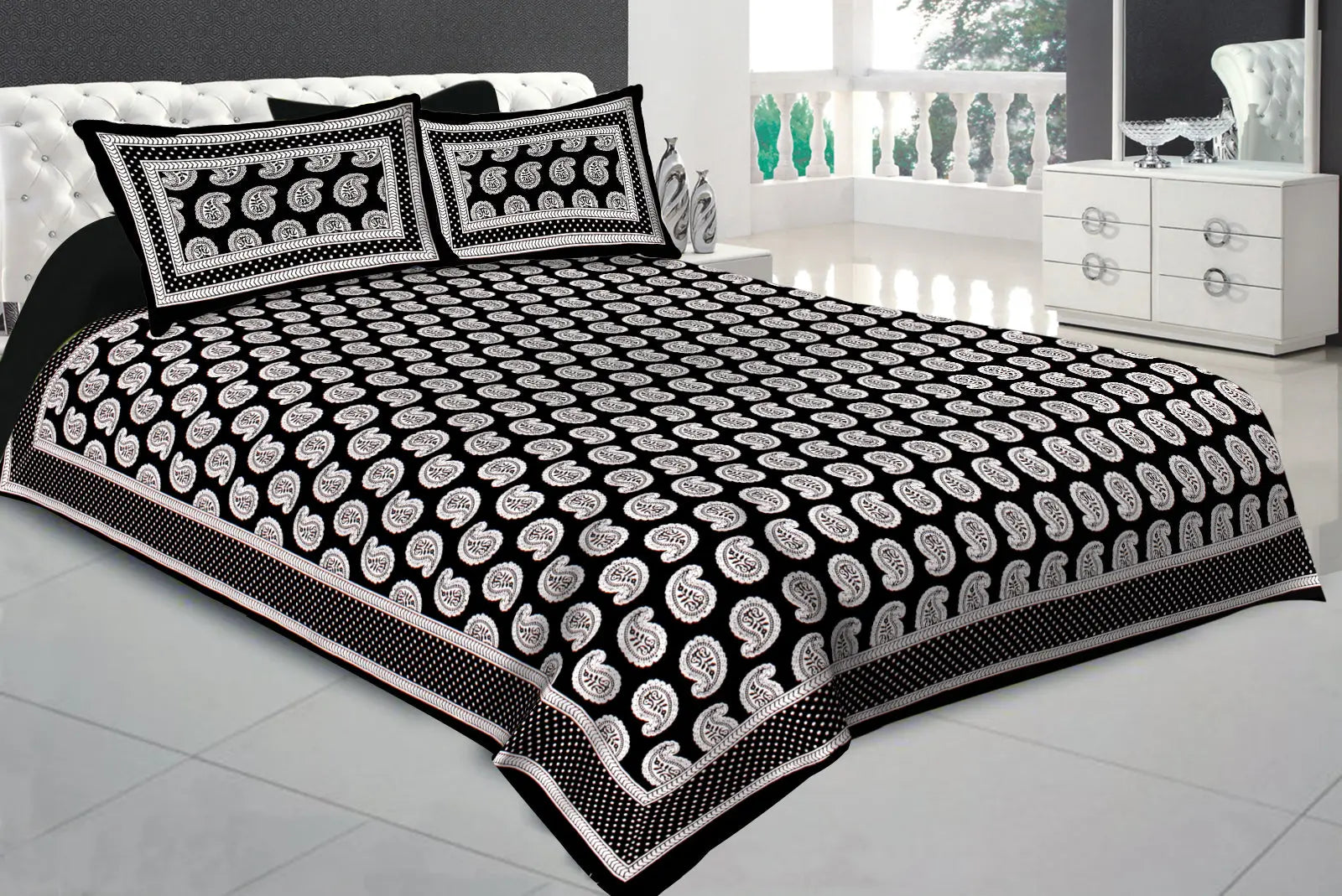 Jaipuri Modest Black and White Autoloom 100% Cotton Bedsheet 280-TC Cotton king Size Bedsheet With 2 Pillow Cover www.jaipurtohome.com
