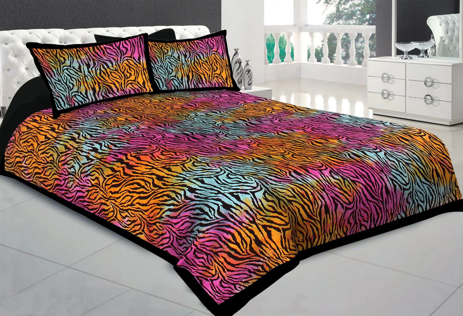 Jaipuri colorful Black and White AutoLoom Tye Dye 100% Cotton Bedsheet 280-TC Cotton king Size Bedsheet With 2 Pillow Cover www.jaipurtohome.com