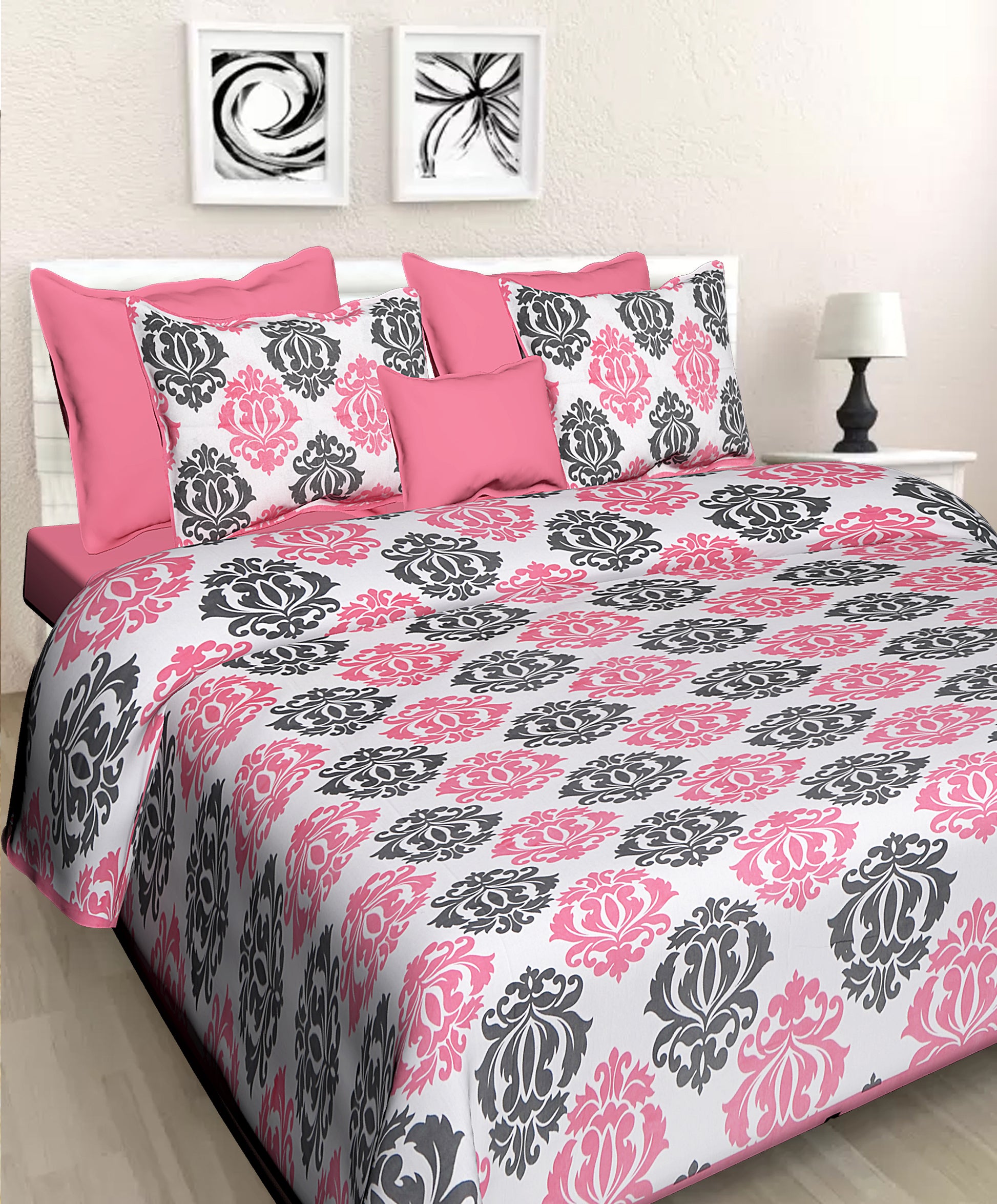 Jaipuriya Hand Block Chhapai  Bedsheet For Double Bed  With 2 Pillow Cover - Colour Pink , Fabric - 100% Cotton JAIPUR PRINTS