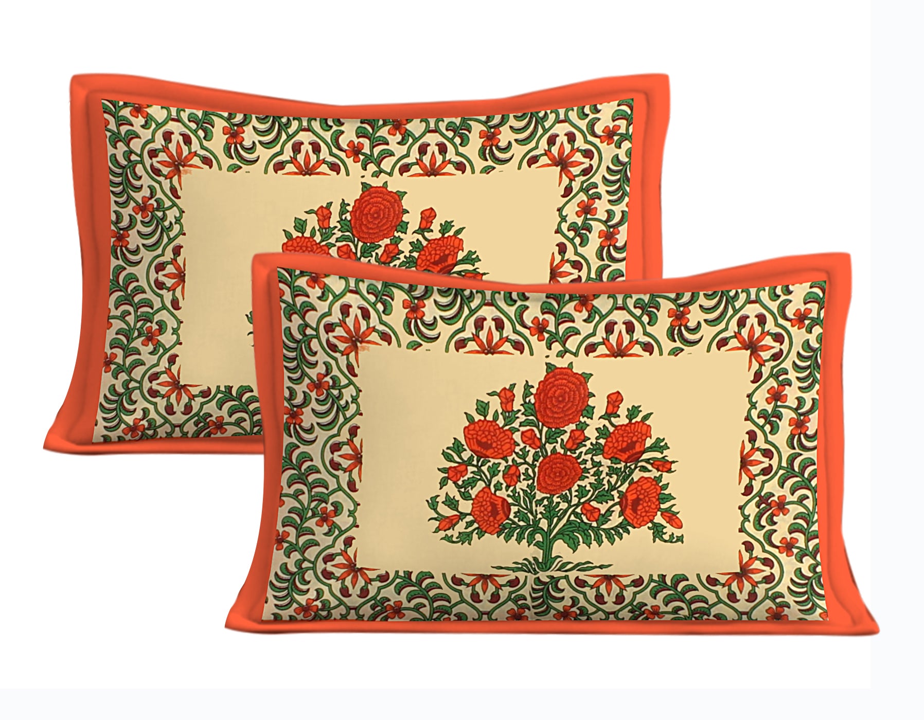 Jaipuri 100% Cotton Double Size Bedsheet with 2 Pillow Covers ( Orange , 280 TC ) JAIPUR PRINTS