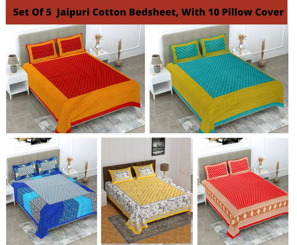 100% Cotton Bedsheet 180 -TC Cotton Double Size Bedsheet, 5 set Combo Pack With 10 Pillow Cover -