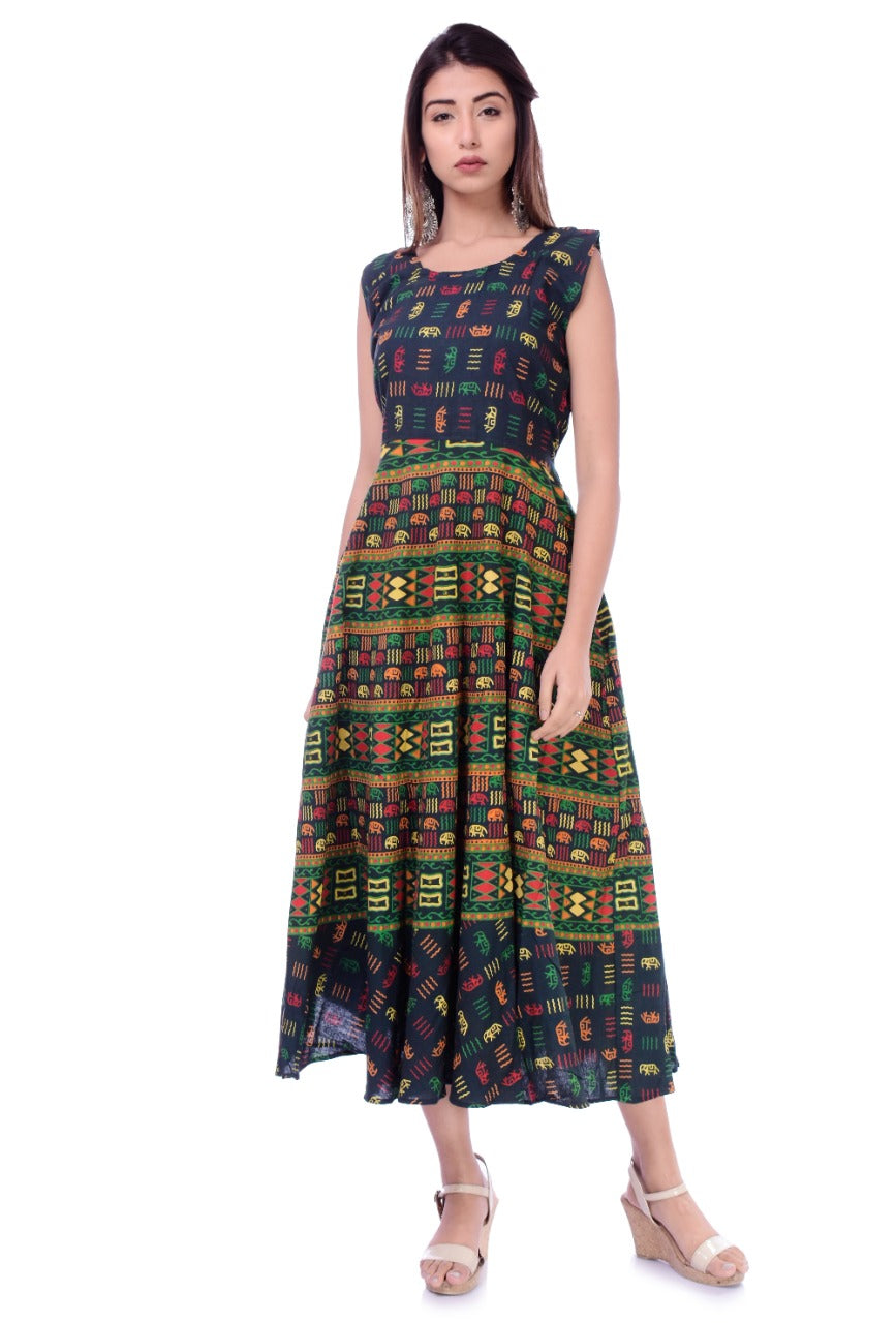 Trendy Beautiful Jaipuri Women's Cotton Jaipuri Floral Print Long Maxi Dress (Multicolour) JAIPUR PRINTS