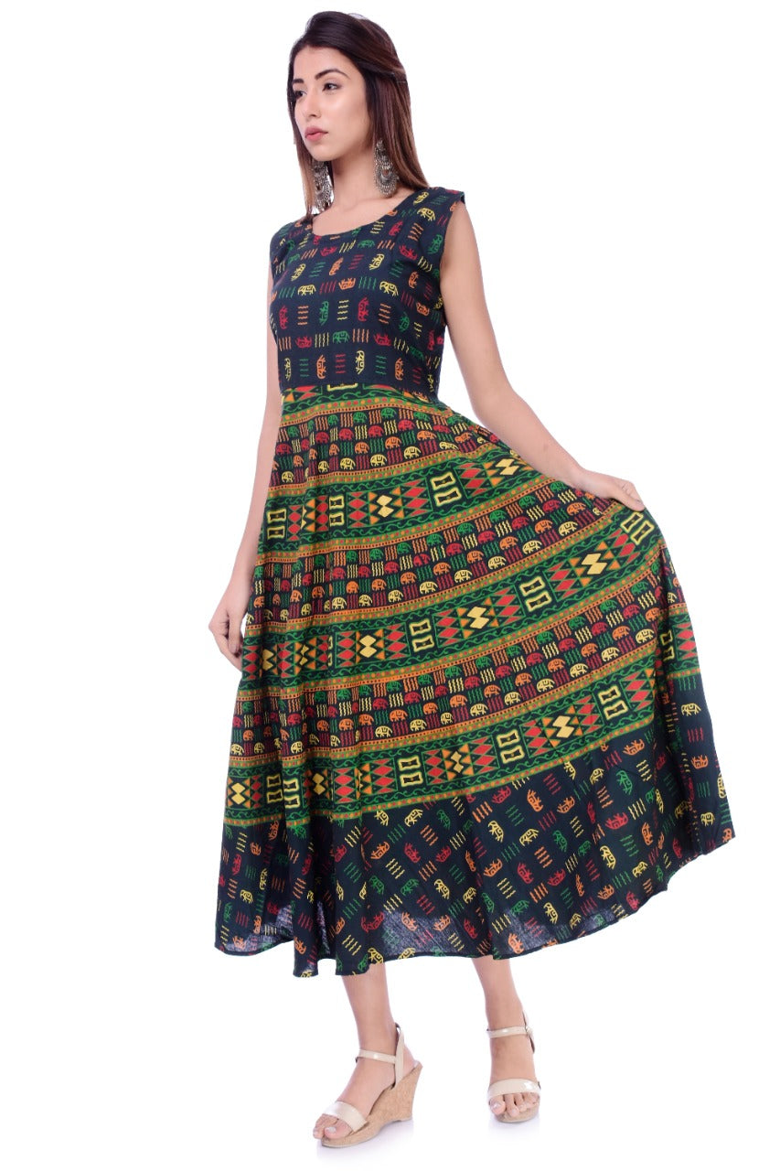 Trendy Beautiful Jaipuri Women's Cotton Jaipuri Floral Print Long Maxi Dress (Multicolour) JAIPUR PRINTS