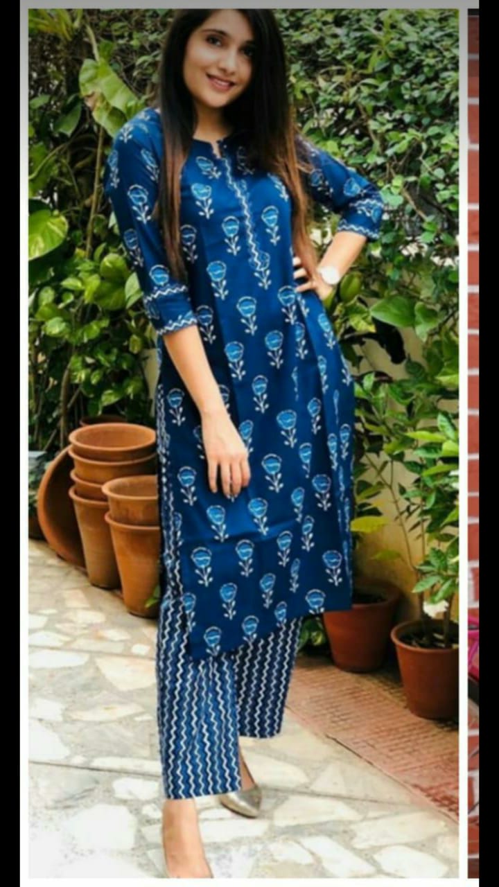 Blue Rayon Printed Naira Cut Embroidery Party wear Kurti with Pant & P –  Royskart