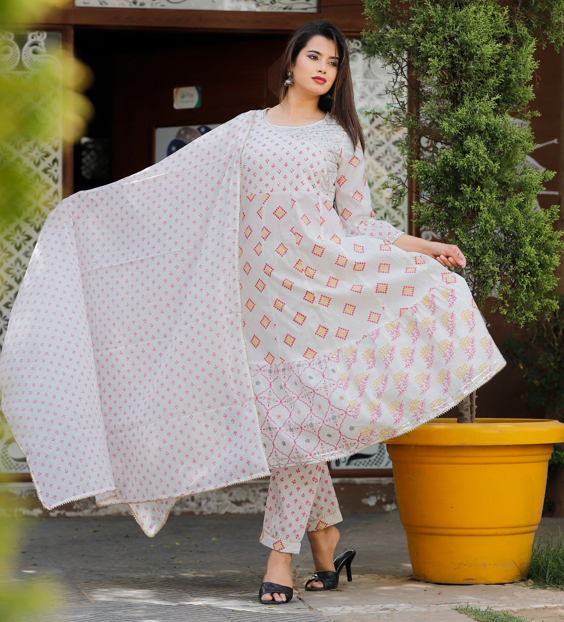 Milky White Flora Romance Angrakha Dress