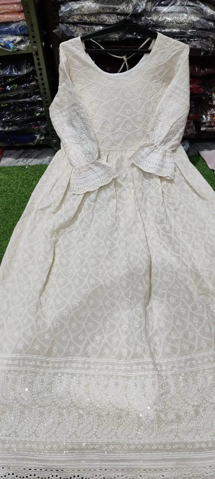 Women's Cotton Embroidery  Lukhnawi Chikankari Silhouette Dress Kurta Set (White) www.jaipurtohome.com