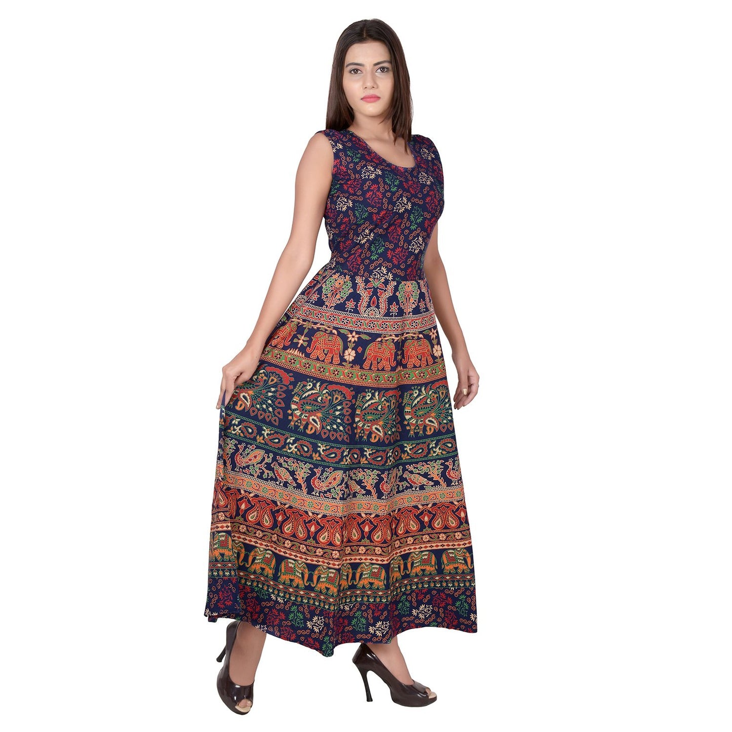 Beautiful Jaipuri Women's Cotton Jaipuri Floral Print Long Maxi Dress (Multicolour) JAIPUR PRINTS