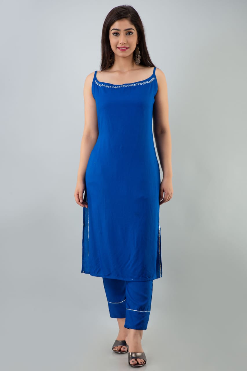 Buy Blue And Off White Cotton Straight Suit Set (Kurta, Straight Palazzo,  Dupatta) for INR2997.50 | Biba India