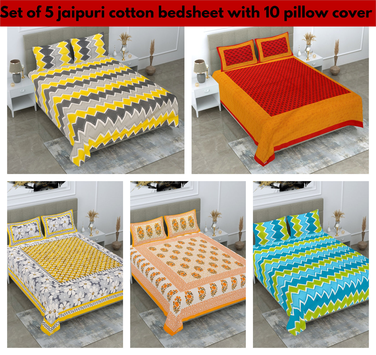 Cotton Bedsheet 280 -TC Cotton Double Size Bedsheet, 5 set Combo Pack With 10 Pillow Cover - www.jaipurtohome.com